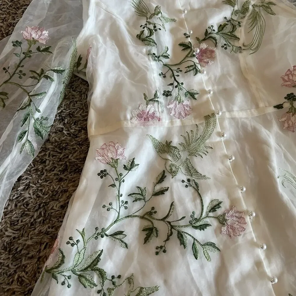 Foral Embroidery Mesh Dress Fairytale Cottage Core Fit M - Picture 3 of 8